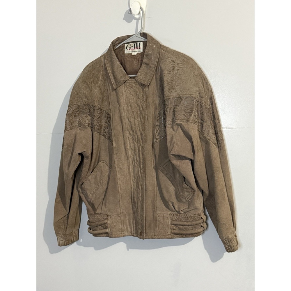 G-111 Vintage Tan Gray Leather Suede Snakeskin 90s Bomber Jacket Women's Size M